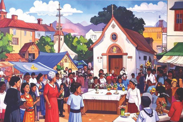 Titelmotiv KIRCHE weltweit - ein farbenfrohes Wimmelbild, das kirchliches Leben zeigt, KI generiert auf Grundlage eines Bildes aus Tansania